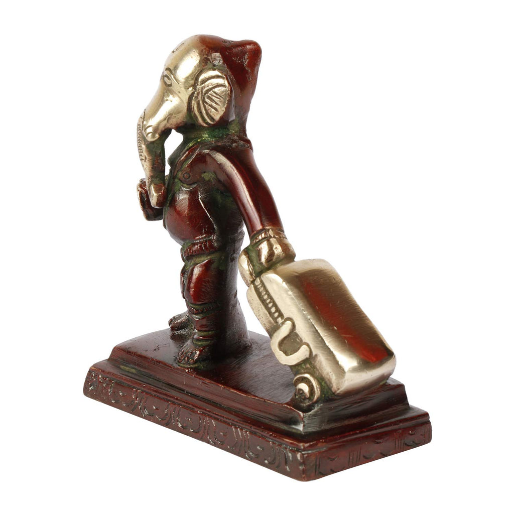 ARTVARKO Brass Ganesha Travelling Ganesh with Suitcase Bag Idol Statue (3.5x4 Inch Cherry Gold)
