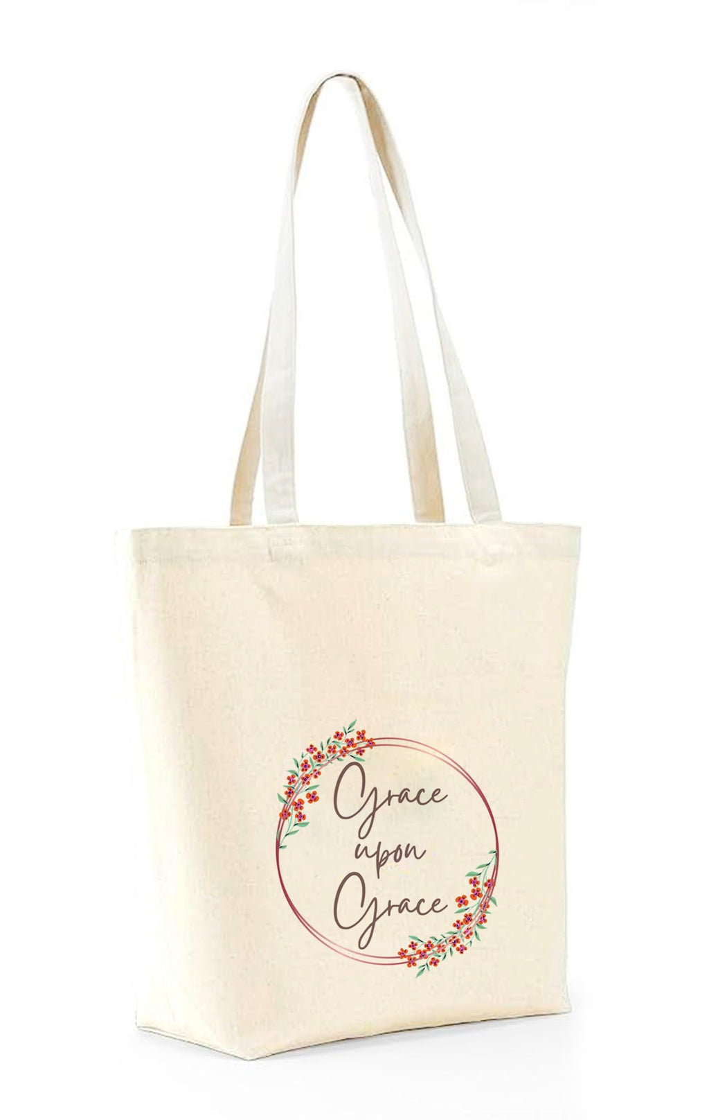 Heu Grace Quote Printed Canvas Tote Bag | Eco-Friendly Reusable Cotton Shoulder Bag | Floral Minimal Inspirational Shopping Tote for Women