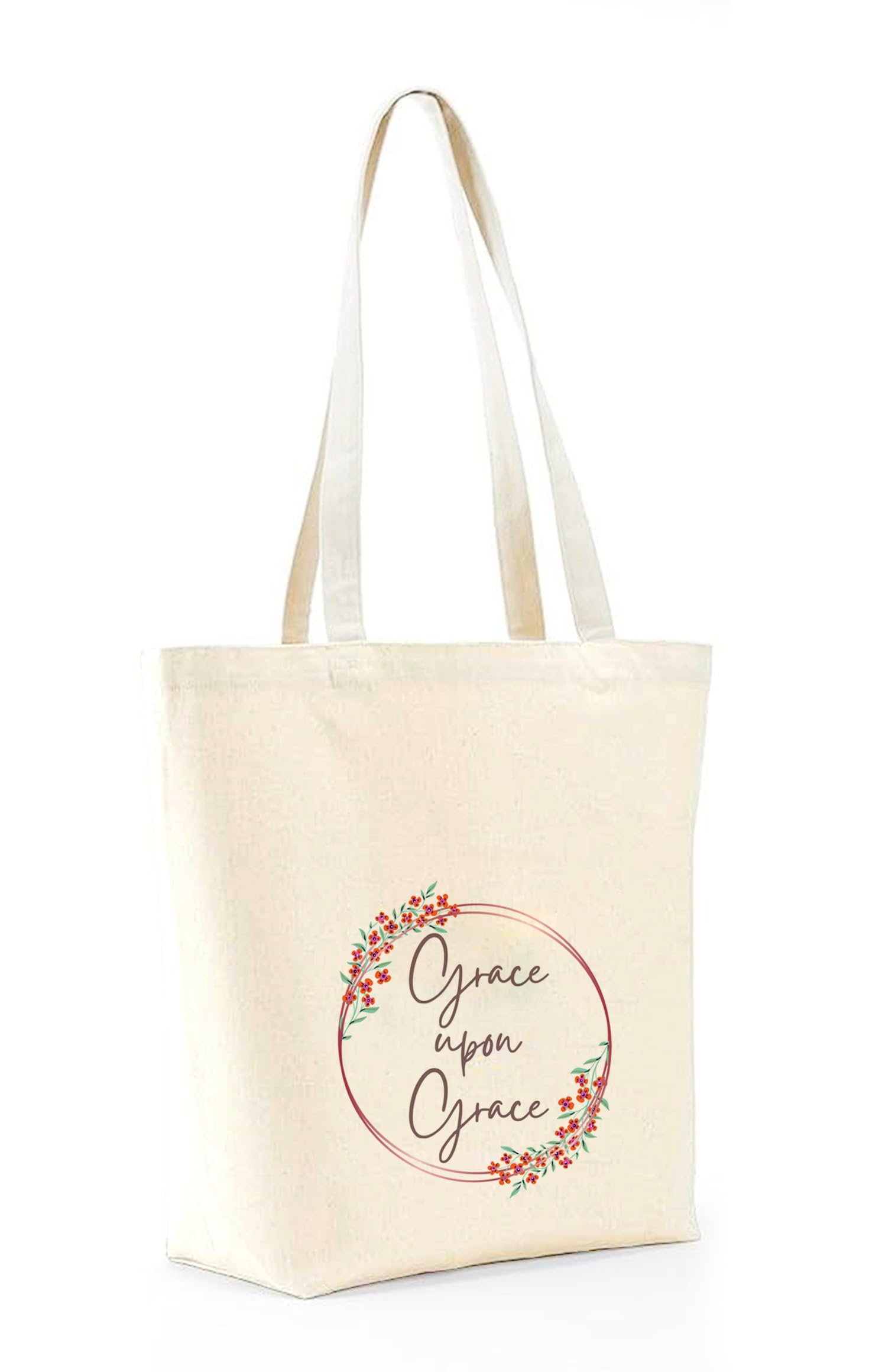 Heu Grace Quote Printed Canvas Tote Bag | Eco-Friendly Reusable Cotton Shoulder Bag | Floral Minimal Inspirational Shopping Tote for Women