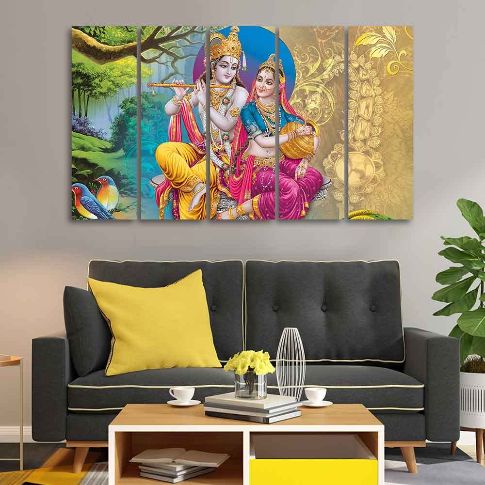 VIBECRAFTS Beautiful Wall Painting of Radha Krishna Set of Five Pieces For Home|Office|Living Room|Gift (PTVC5Pcs4_8728)
