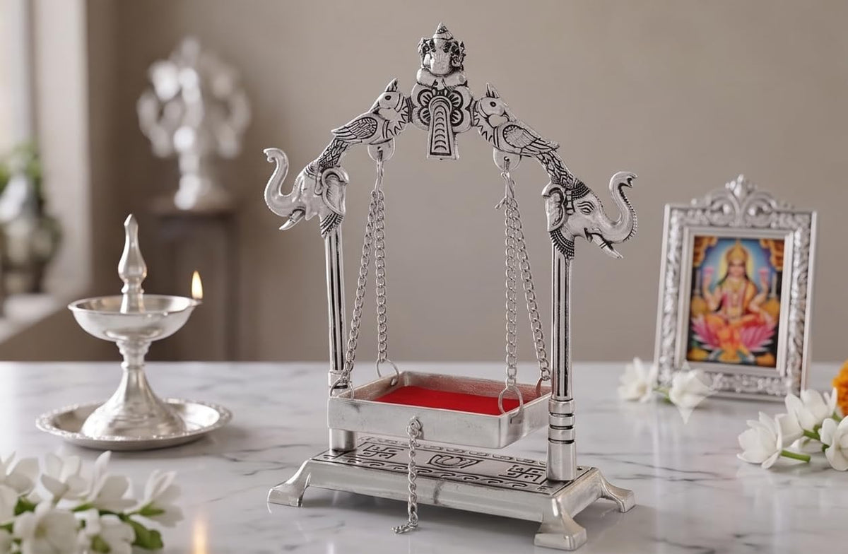 KridayKraft Silver Plated Laddu Gopal Jhula with Elephant & Peacock Arch | Metal Swing/Palna for Janmashtami, Kanha Ji & Home Mandir Decor (19 x 20 cm)