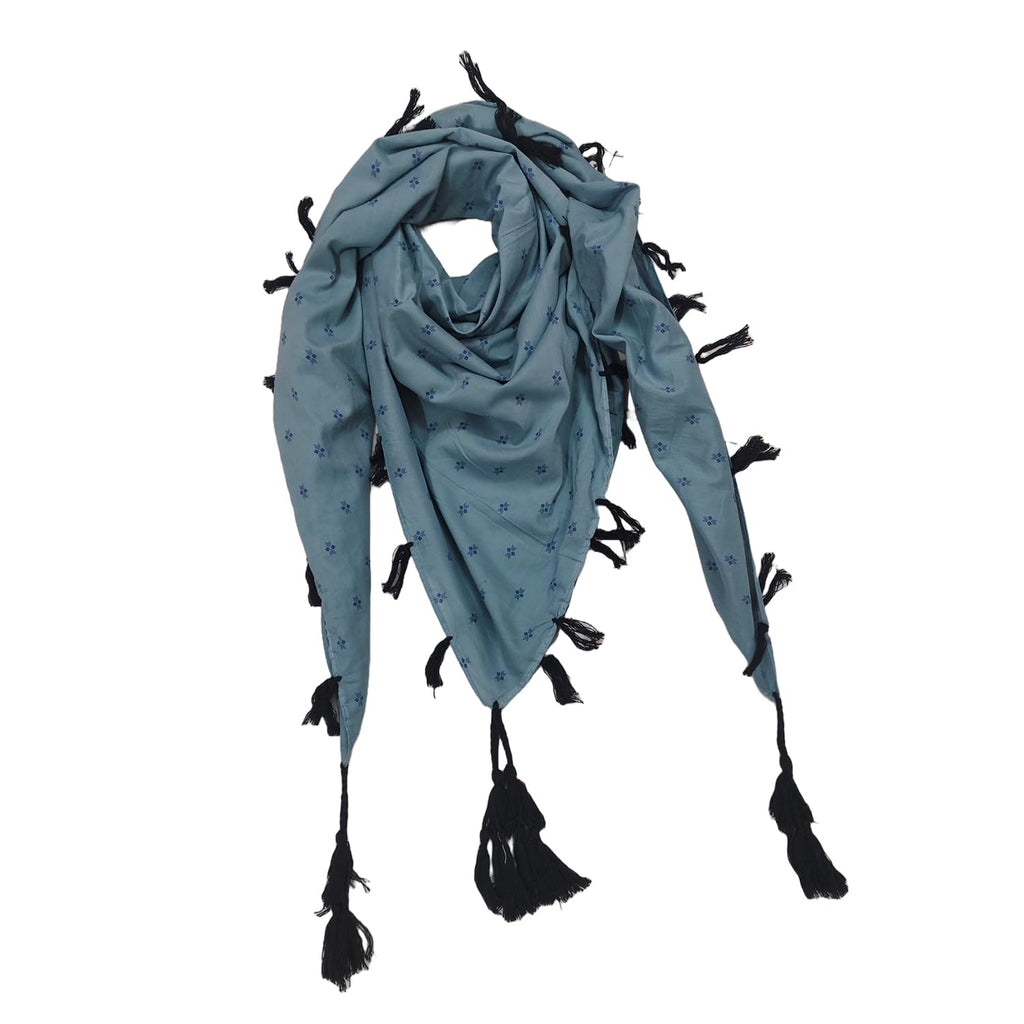 PRACWAL Cotton Scarf, Blue Printed Pattern with Tassels, Plain Casual Style, 100x100 cm