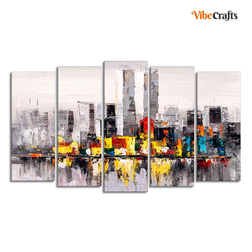 VIBECRAFTS Abstract Wall Painting of A New York City Skyline Set of Five For Home|Office|Living Room|Gift (PTVC5Pcs2_6535)