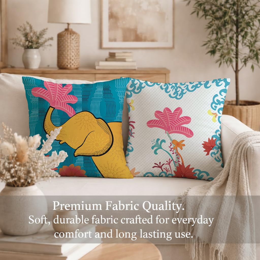 STITCHNEST Set of 2 Whimsical Wild Collection Printed Jute Cushion Covers 16x16 Inches | Decorative Throw Pillow Covers for Sofa, Living Room, Bedroom | Perfect for Home Decor