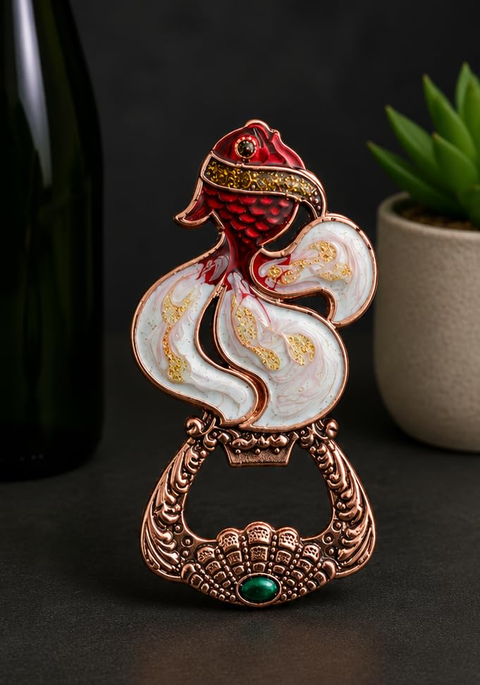 DECOR NEST Luxury Fish Bottle Opener with Refrigerator Magnet | Decorative Metal | Beer Opener with Crystal Stone Embellishments | Vintage Style Home Bar Accessory (RED Copper Fish)