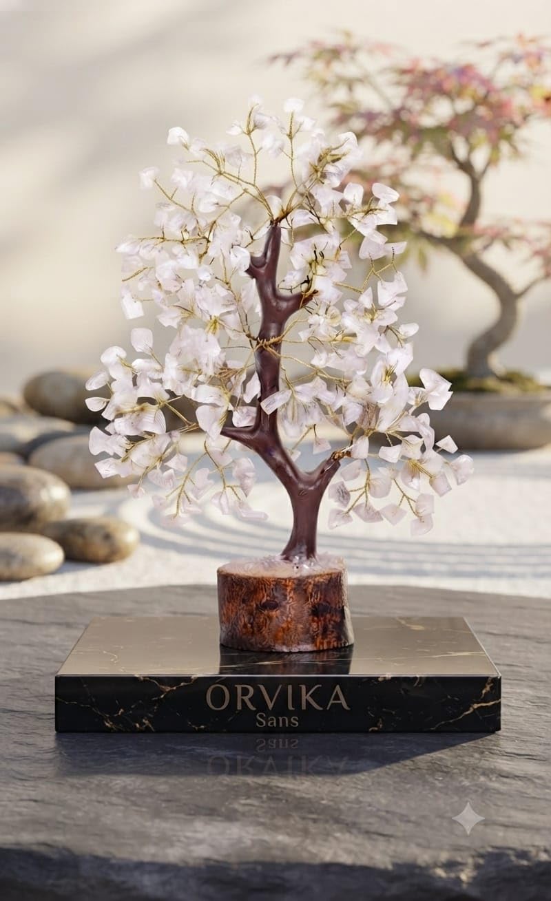 ORVIKA Natural Crystal Tree for Home Decor | Handmade Gemstone Bonsai Tree with Wooden Base | Feng Shui & Vastu Positive Energy Crystal Tree (White, 300 Beads Tree)