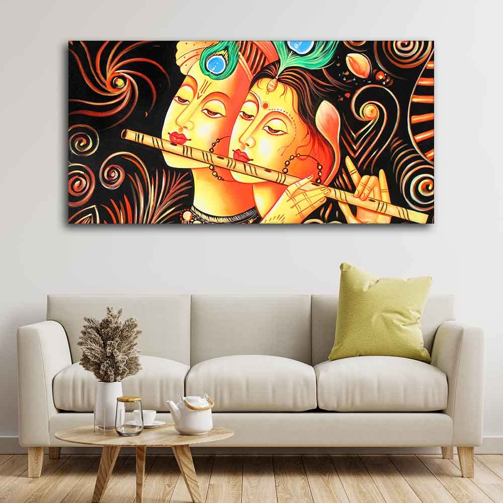 VIBECRAFTS Canvas Paintings for Living Room Drawing Room Radha Krishna with Flute Canvas Big Wall Painting Wall Art Fitted with Wooden Frame for Home|Office|Gift(PTVCH_2241N)