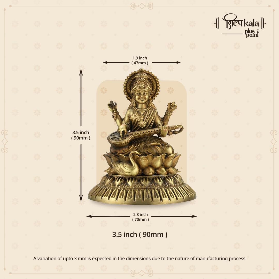 Shilpkala Ultra Fine Saraswati Maa Idol Seated on Lotus Holding Veena Fine Detailing of God Statue for Study Table, Murti for Mandir, Idols for Gift & Housewarming (3.5 Inch, Coffee Antique)