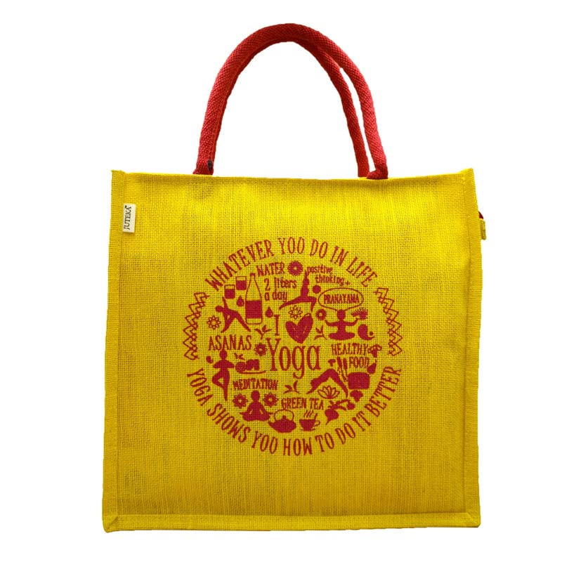 JUTEKA Yoga Print Eco Friendly Jute Bag for Shopping, Lunch, Tiffin, Office, Grocery with Zip Closure and Padded Cotton Handles…