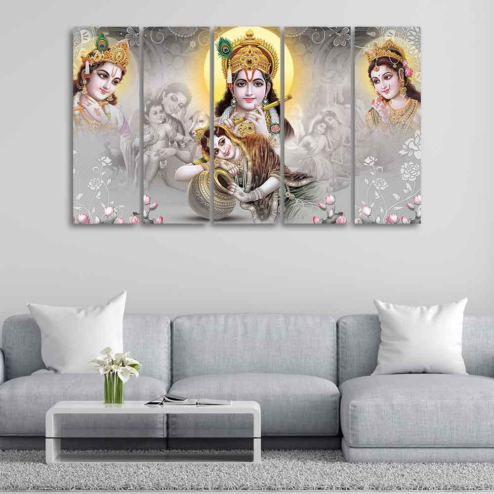 VIBECRAFTS Radha Krishna Premium Wall Painting of Five Pieces For Home|Office|Living Room|Gift (PTVC5Pcs4_8732)