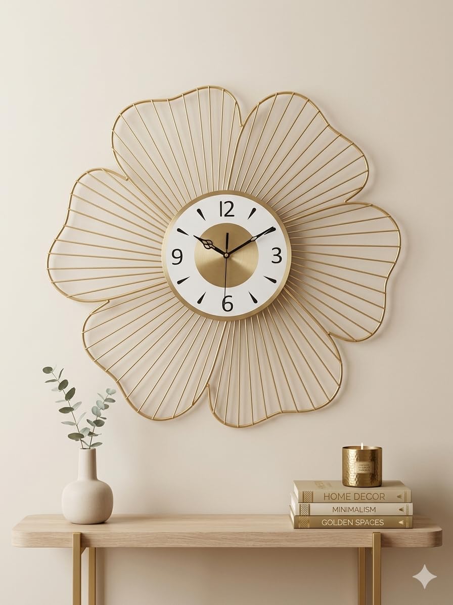 Mahira Artefacts Luxury Gold Metal Flower Wall Clock, Floral Wire Art Design, Silent Non-Ticking, for Living Room and Bedroom