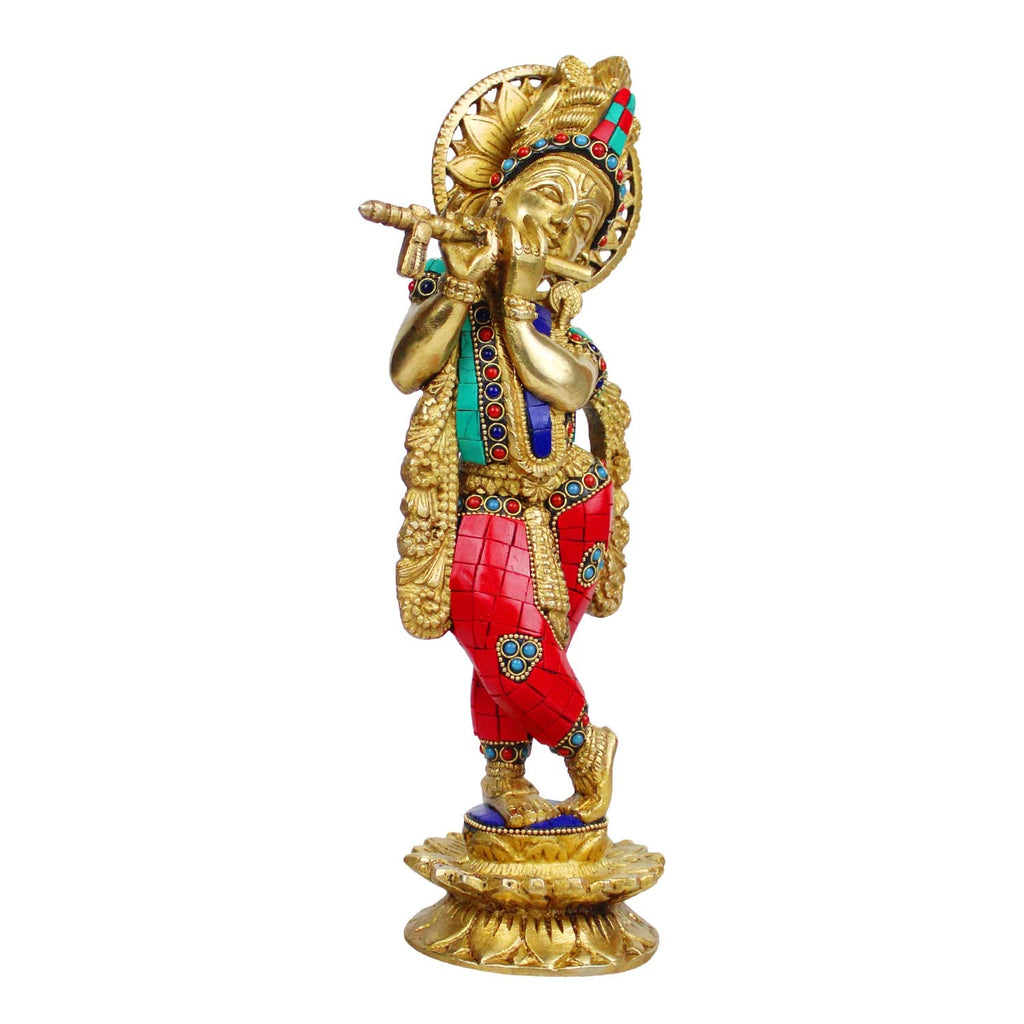 SVARUP Brass Krishna Statue for Living Room Showpiece in Multi Color Height 12 Inch