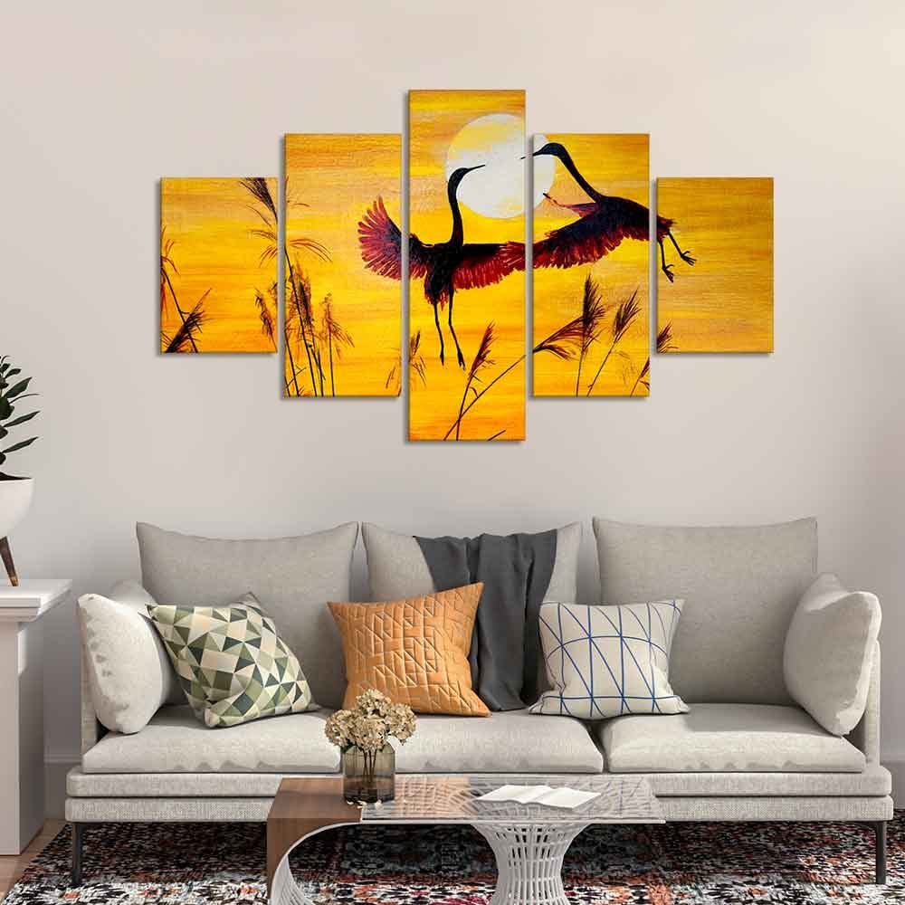 VIBECRAFTS Pair Of Cranes Over An Autumn 5 Pieces Premium Wall Painting For Home|Office|Living Room|Gift (PTVC5Pcs1_5509)