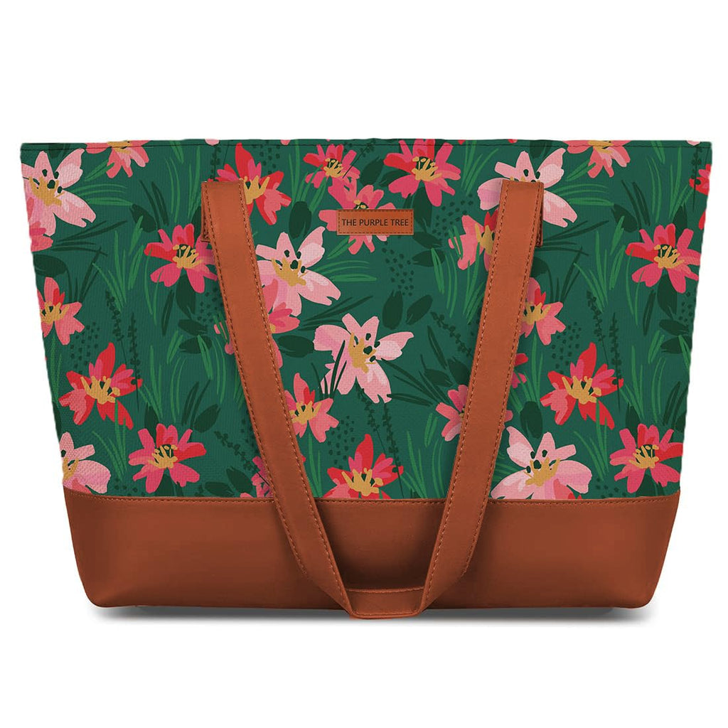 The Purple Tree Handcrafted Women's Tote Bag with Vegan Leather Handles & Indian Prints, Spring Floral Shoulder Tote and Handbag for Office and College, Oversized Tote Bag