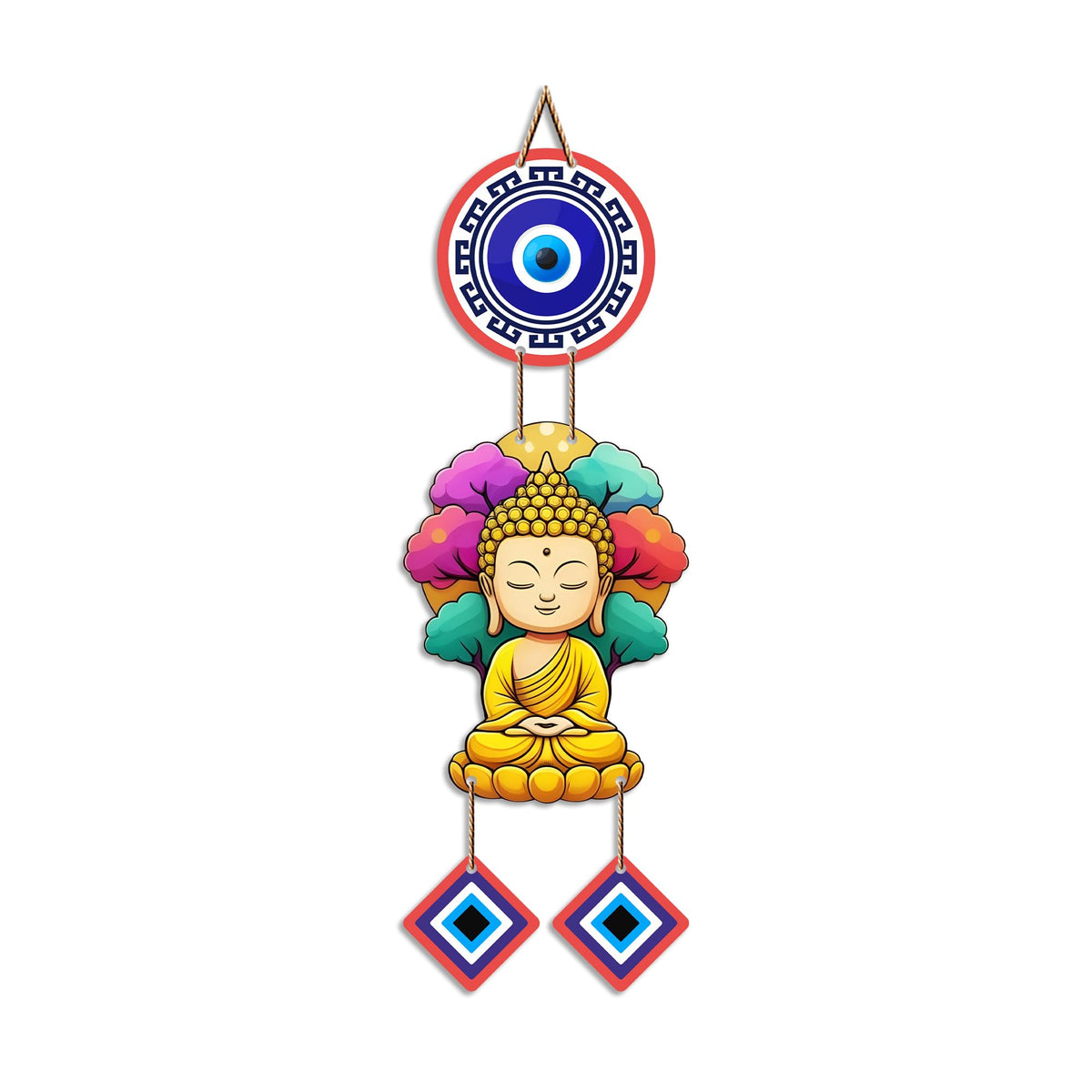 Artvibes Buddha Serenity Wall Hanging with Evil Eye Protection Charms | Spiritual Decorative Hanging for Meditation | Yoga and Prayer Rooms | Wooden Home Decor Accent for Living Room (WH_85100N)
