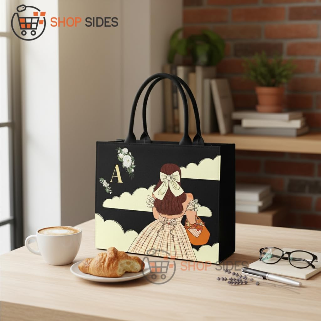 SHOP SIDES Personalized Fashion Girl Tote Bag for Women | Custom Name Canvas Handbag with Stylish Back-View Girl Art | Trendy Printed Black Tote | Eco Friendly Shopping College Bag_10×12 & 12×16 inch