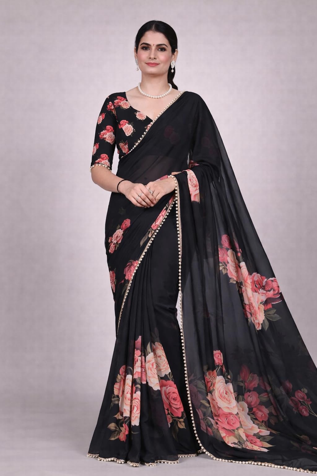 Femori Women's Georgette Floral Printed Saree, Aqua Blue with Pearl Border Detailing, Lightweight and Breathable (BLACK)