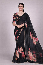 Femori Women's Georgette Floral Printed Saree, Aqua Blue with Pearl Border Detailing, Lightweight and Breathable (BLACK)