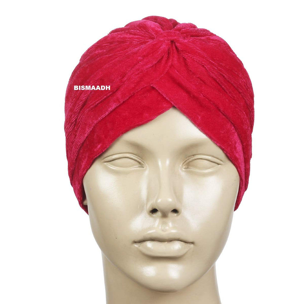 BISMAADH Velvet Soft Pleated Pre Tied Knot Readymade Turban/Pagri Head Wraps Cap for Men & Women, Red, Free Size