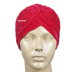 BISMAADH Velvet Soft Pleated Pre Tied Knot Readymade Turban/Pagri Head Wraps Cap for Men & Women, Red, Free Size