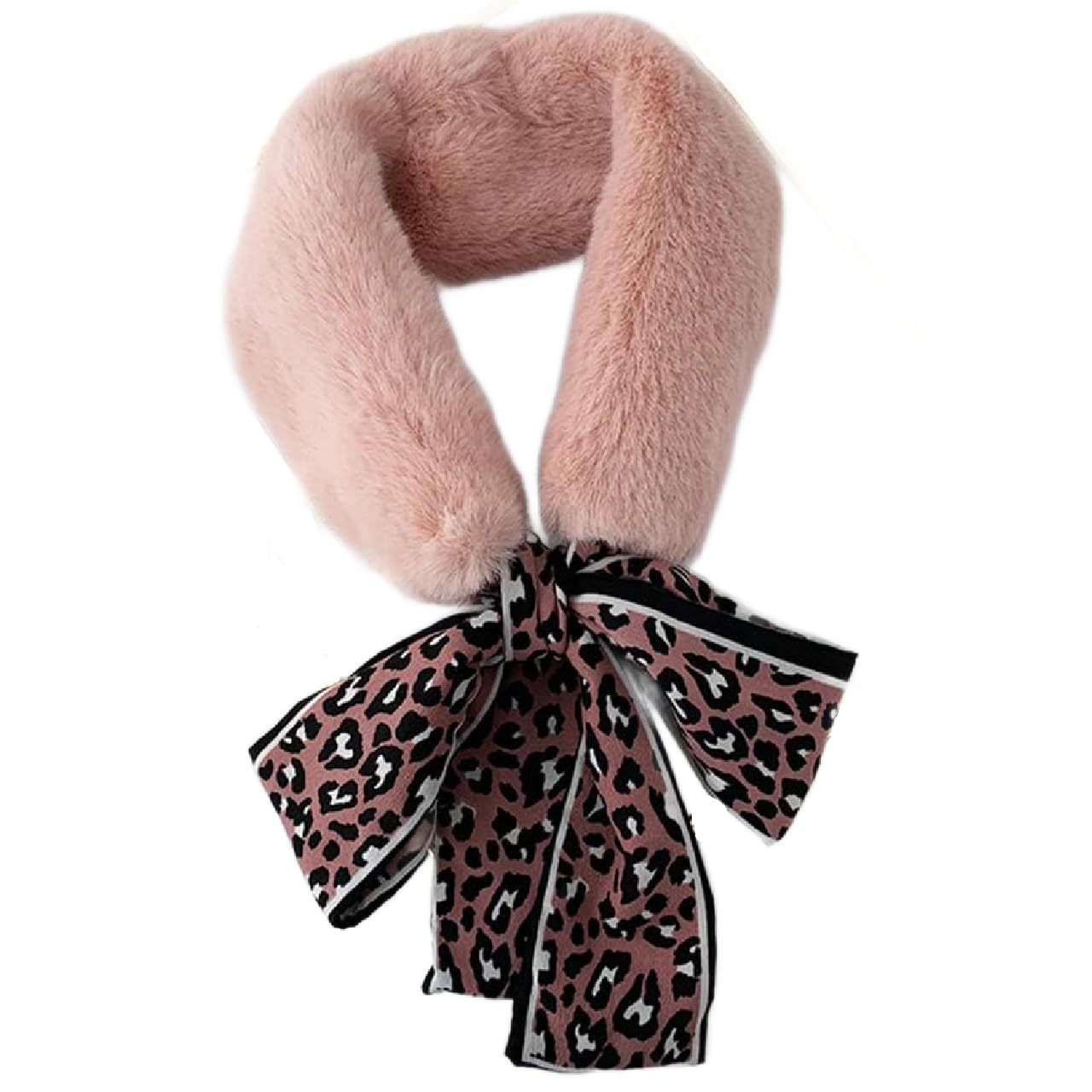 THE DDS STORE Winter Women Faux Fur Collar Leopard Print Scarves Plush Wrap Korea Bow Tie Neck Warmer Formal Party Shawl (Dark-Pink)