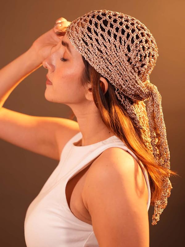 Hair Drama Co. Boho Crochet Scarf For Women | Medium Size Golden Crochet Headscarf | Bohemian Bandana Scarves | Metallic Thread Headband Scarfs for All Seasons