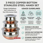 GlamourShop Stainless Steel Copper Base Serving Bowls Handi Set of 3 Pieces, Handi Set with Serving Bowl Set/Cookware Set/Sauce Pot and Handis (3, Chopper)