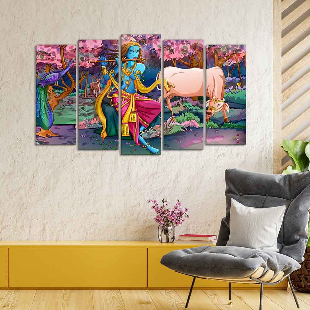VIBECRAFTS Canvas Wall Painting of Krishna Playing Flute Set of Five For Home|Office|Living Room|Gift (PTVC5Pcs2_6539)