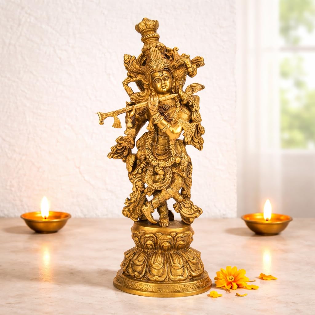 ARTVARKO Big Brass Lord Murli Manohar Krishna Krishan Brass Statue Murti for Temple Puja Gift & Home Décor Height 15 Inches