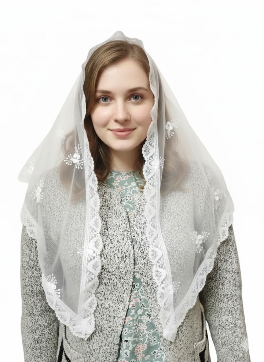 ELITE APRIL White Triangle Church Scarf(Christian scarf) with Floral Embroidery, with Wig Pin, for Women.