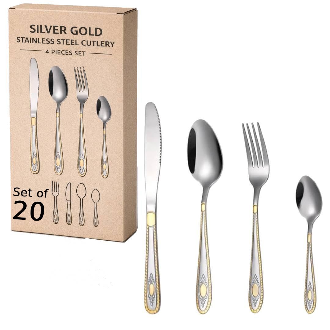 ANH MART Mirror Finish Silver Gold Plated Stainless Steel Flatware Set Copper Silverware Set Rose Gold Spoon Color Cutlery Set [Dinner Fork-Tea Spoon-Salad Spoon-Knife] Set of (Silver Gold, 20)