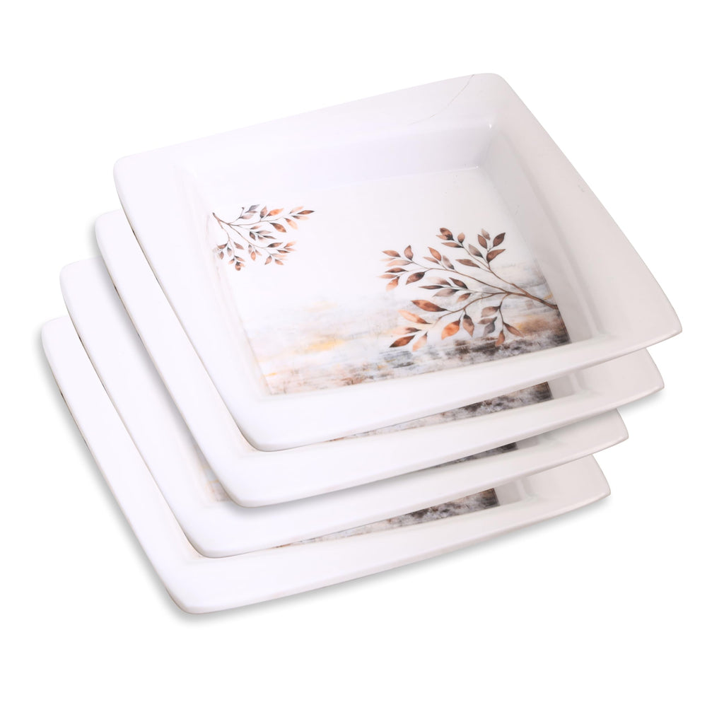 Golden Fish Melamine Square Halwa Plate, Pack of 4, White Copper and Blue, 3D Floral Design, 7 Inches, Matte Finish, Reusable Serving Plate for Snacks and Dessert