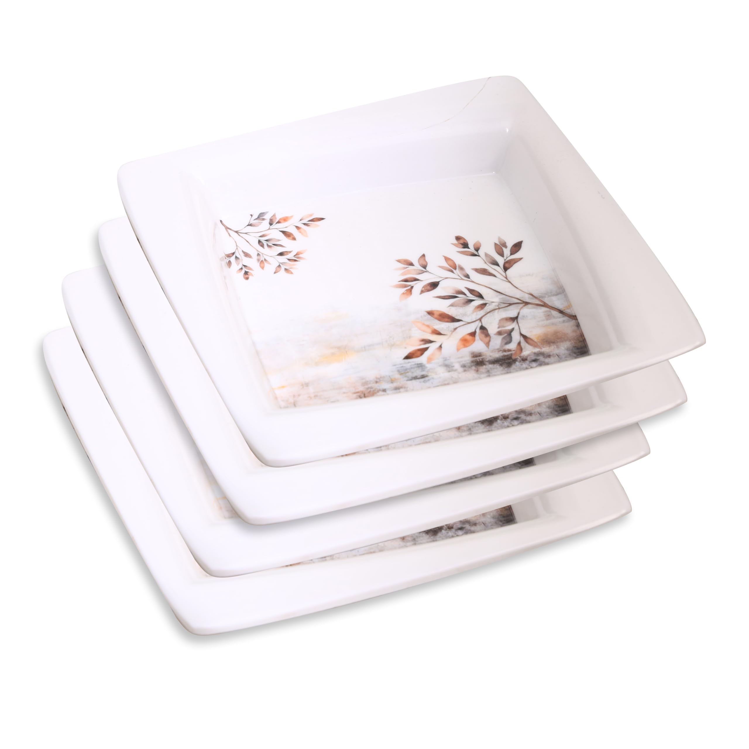 Golden Fish Melamine Square Halwa Plate, Pack of 4, White Copper and Blue, 3D Floral Design, 7 Inches, Matte Finish, Reusable Serving Plate for Snacks and Dessert