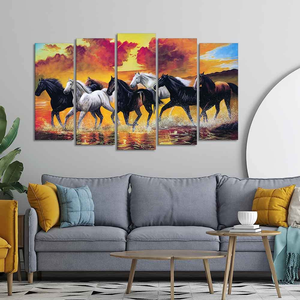 VIBECRAFTS Running Seven Horses Wall Painting of Five Pieces For Home|Office|Living Room|Gift (PTVC5Pcs2_6538)