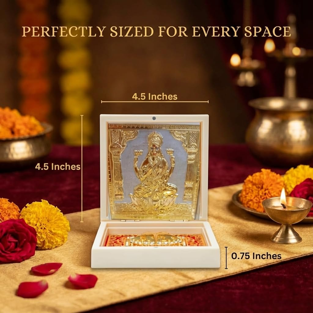 House Of Wemy Gold Plated Laxmi Pocket Temple for Pooja Room | Lakshmi Divine Pooja Boxes with Photo Frame & Charan Paduka | Diwali Gift & Home Decor (Medium - White) 4.5 Inch - Pack of 1