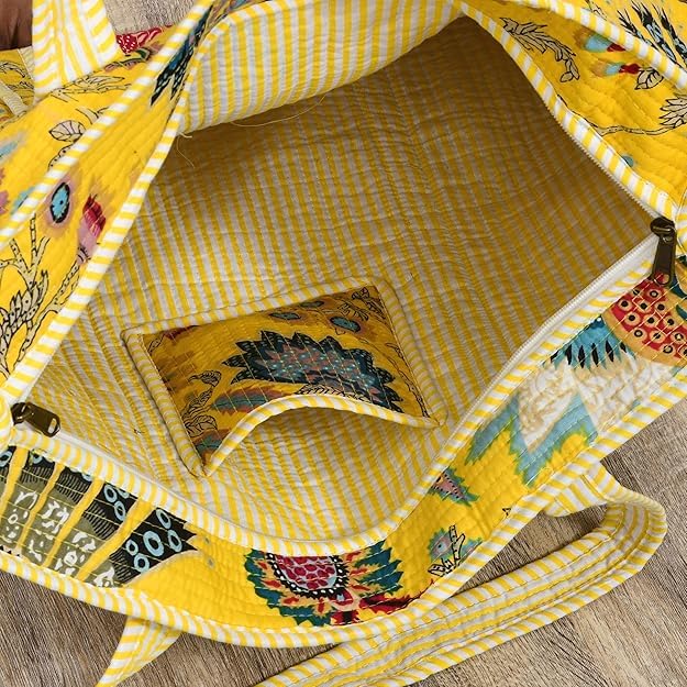 Yda fashion Handmade Quilted Cotton Tote Bag – Large Travel Shoulder Bag with Pockets, Lightweight & Durable – Stylish Printed Handbag for Daily uses (Pack of 2) (Multicolor1)