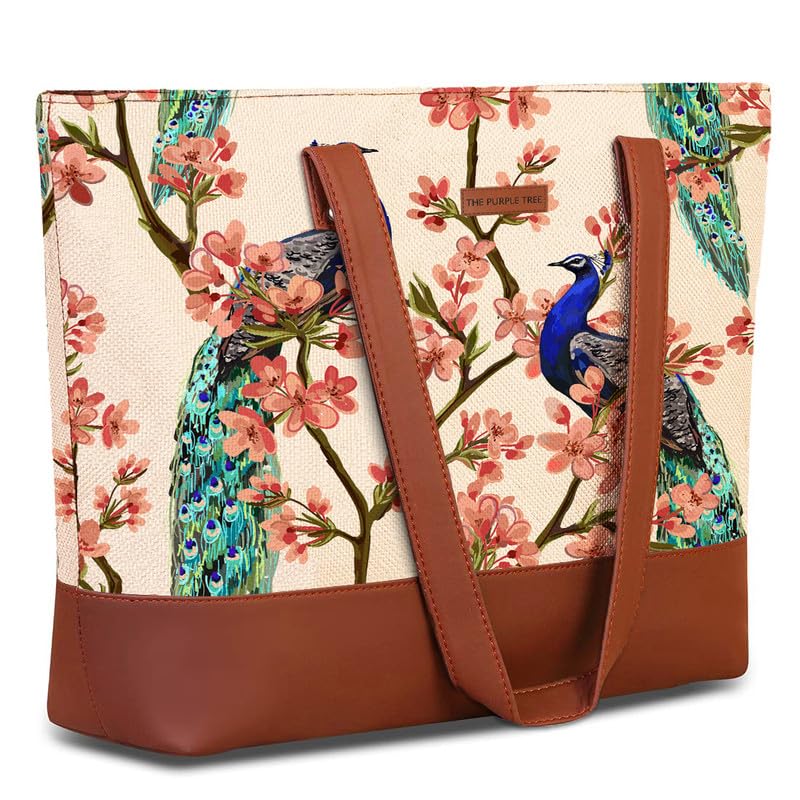 Purple Tree Handcrafted Women's Tote with Vegan Leather Handles, Peacock Shoulder Bag for Office and College, Oversized Tote (Pack of 1)