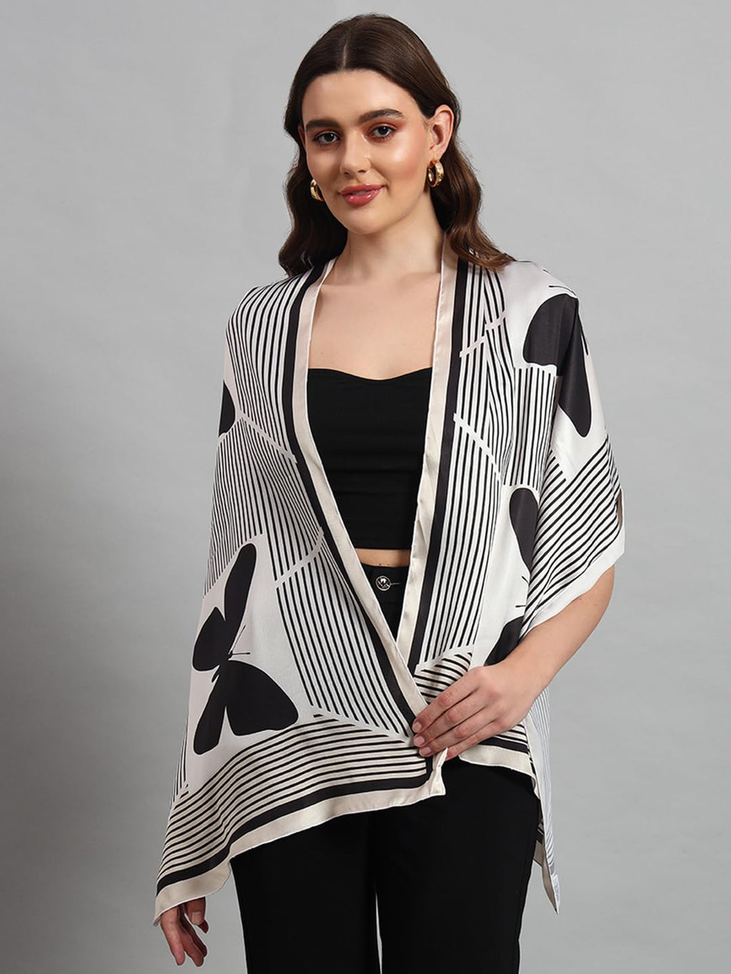 Ravaiyaa - Attitude is everything Women Lightweight Printed 100% Satin Silk Scarf Stoles Breathable Neckerchief Head Beach Wrap Scarves (Black White Butterfly, 70 x 20 Inch)