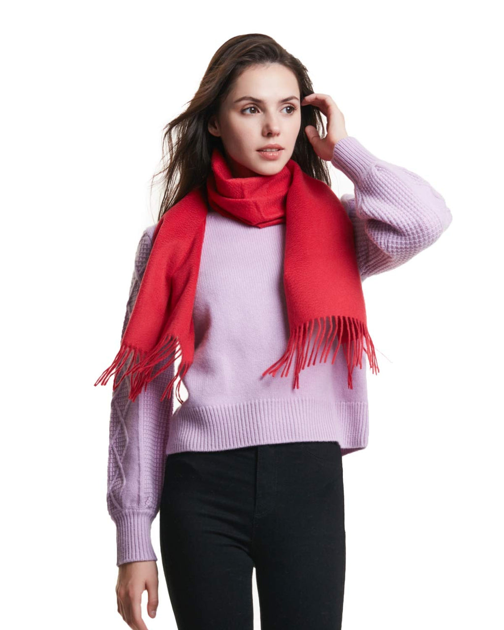 EURKEA 100% Cashmere Fringed Scarf in Solid Colors with Gift Box for Women, Red, Free Size