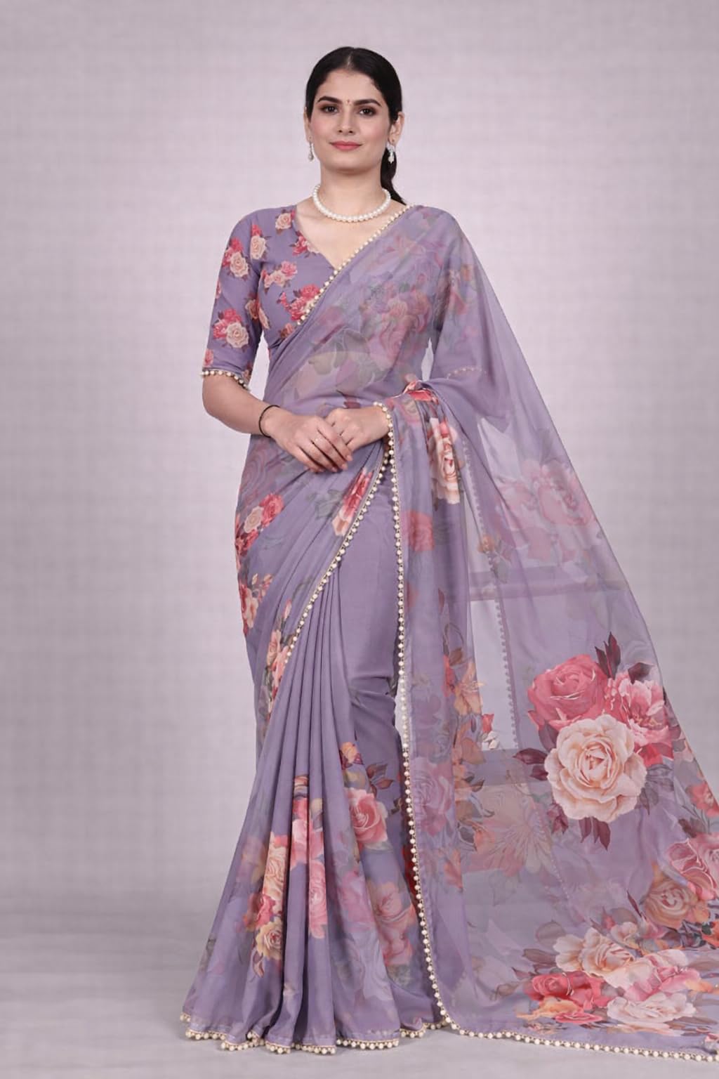 Femori Women's Georgette Floral Printed Saree, Aqua Blue with Pearl Border Detailing, Lightweight and Breathable (LAVENDER)