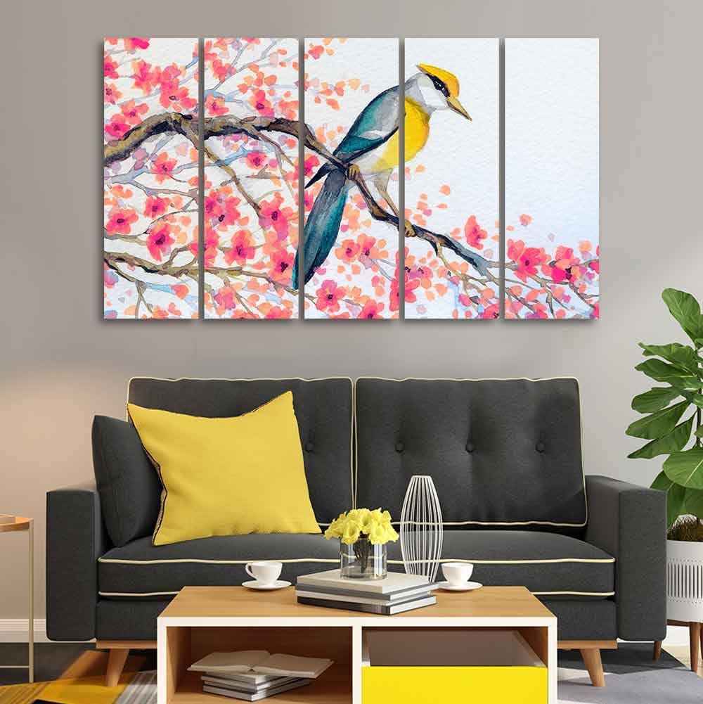VIBECRAFTS Beautiful Bird on Tree Branch Wall Painting of Five pieces For Home|Office|Living Room|Gift (PTVC5Pcs4_8642)