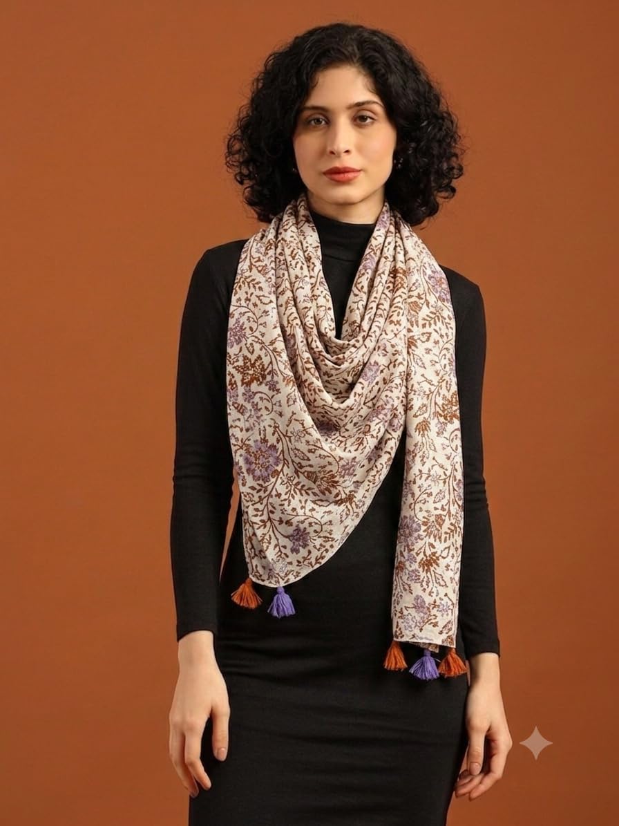 tweedle Pure Cotton Summer Scarf for Women,soft, Printed, Breathable Stole for Sun and Wind Protection - Vrem/Brown