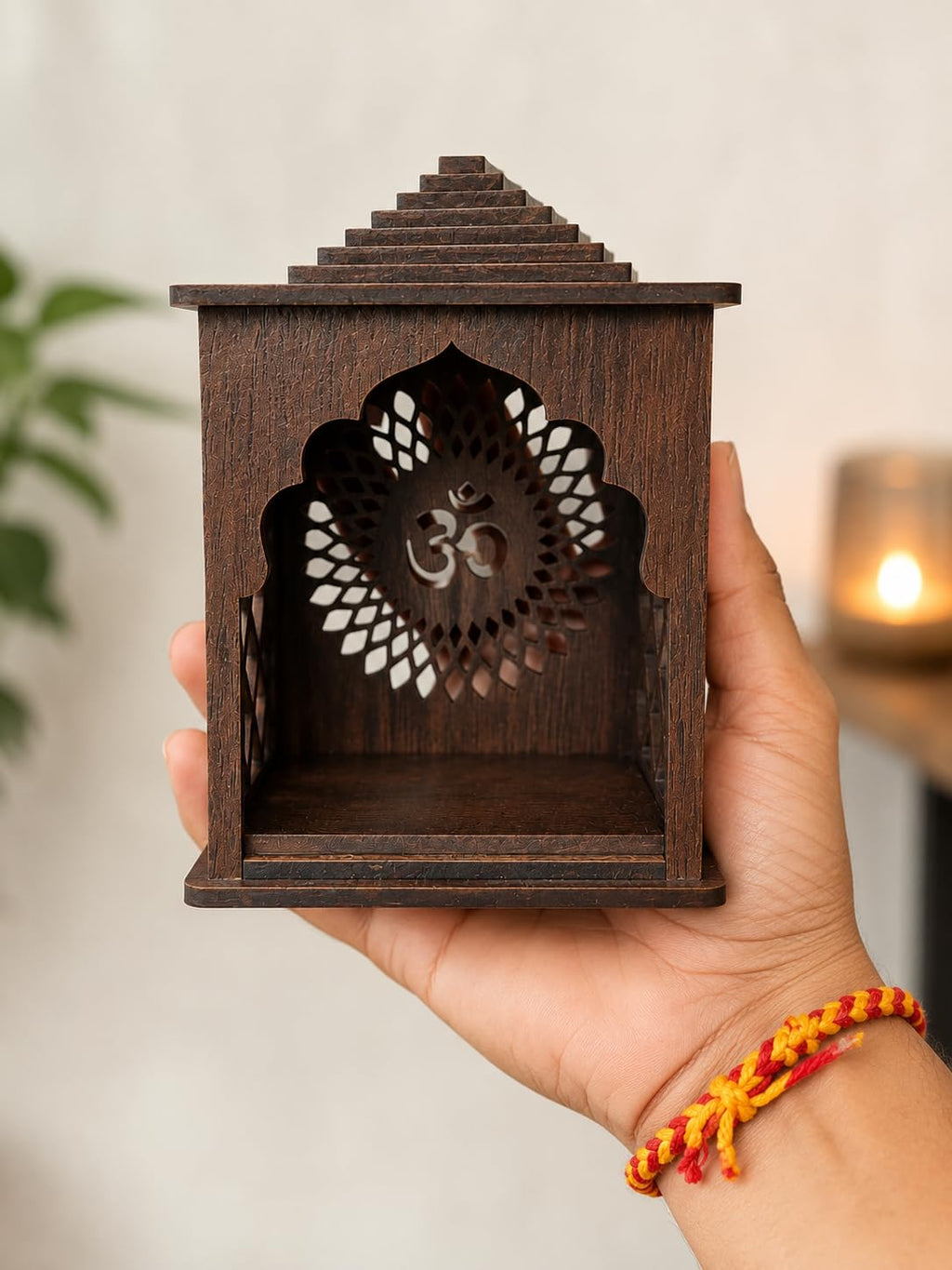 Shivay Anantam Wooden Pooja Mandir for Home, Office & Car | Handcrafted MDF Temple with Om Design | Decorative Mini Mandir for God Idol | Dark Brown Finish | Size H12 X W9 X D7 CM