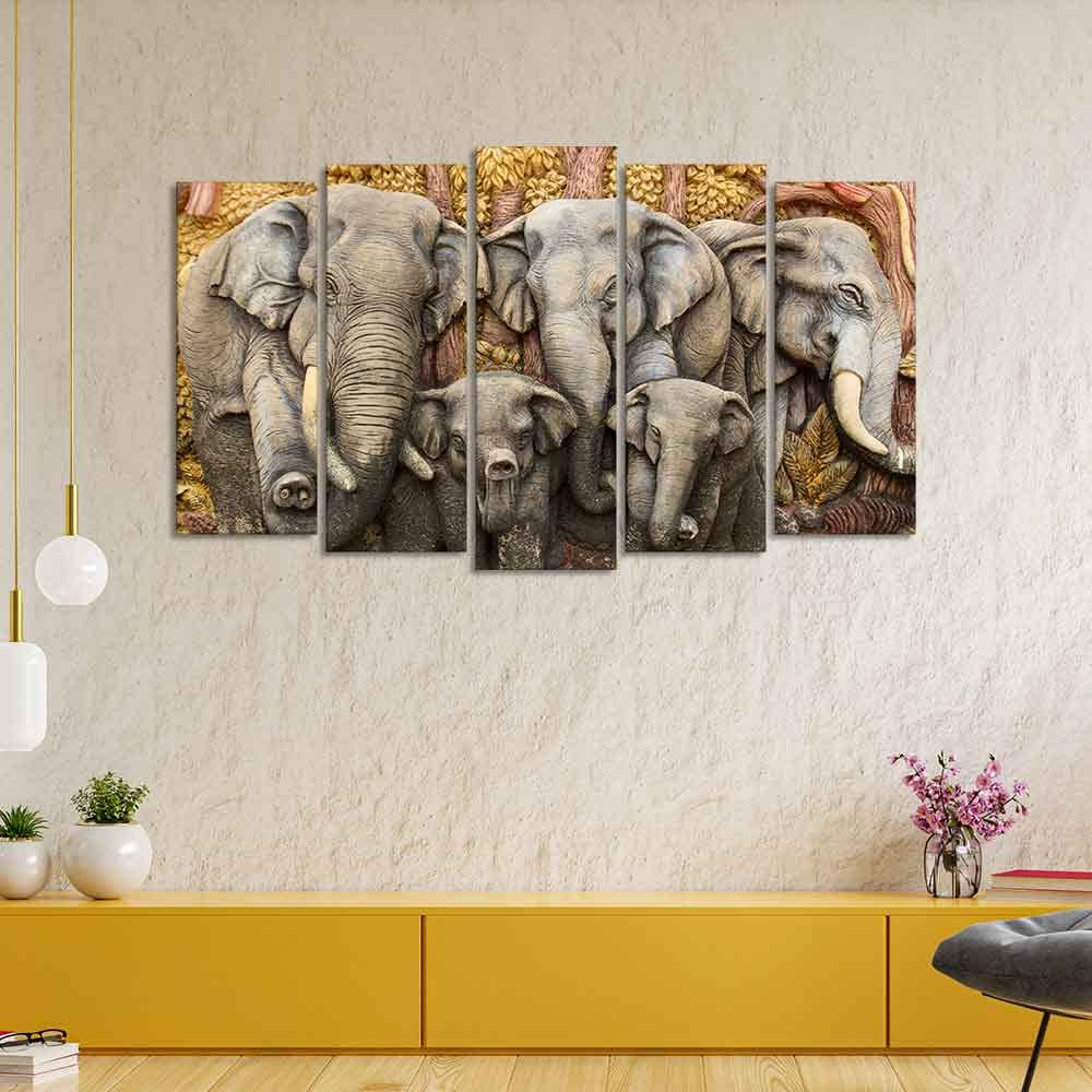 VIBECRAFTS Beautiful Elephants Premium Wall Painting Set of Five Pieces For Home|Office|Living Room|Gift (PTVC5Pcs2_6519)