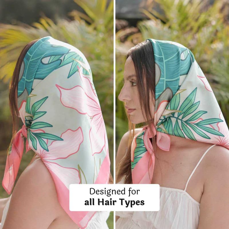 Hair Drama Co. Tropical Flora Print Bandana Head Scarf for Women | Silk Satin Head Wrap Bandana Scarves | Boho Style Statement Headband Stylish Design | All Day Wear Scarves | Hair Scarf Accessories