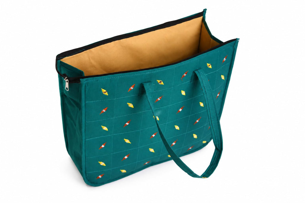 Vaishnavi Creations Solapur | Embroidered Cotton Tote Bag for Women | Spacious Handbag | Eco-Friendly Shoulder Bag for Office, Shopping & Daily Use | Teal-Green