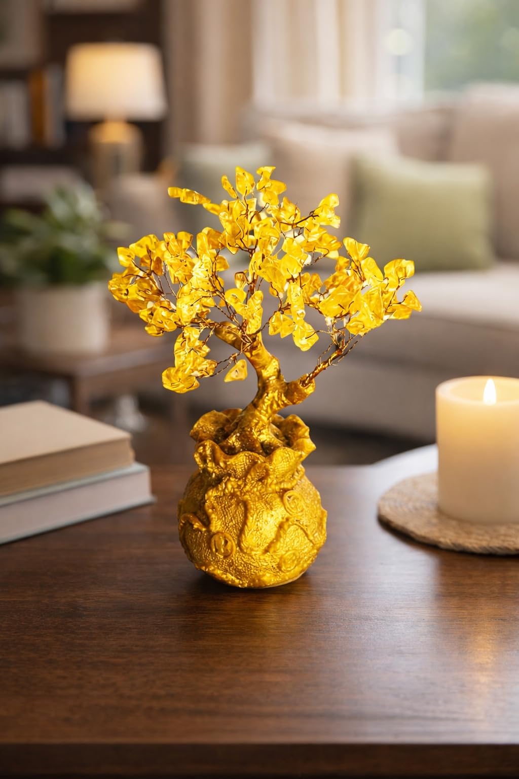 Sasha ES Citrine Crystal Money Bag Tree for Wealth, Prosperity & Good Luck, Gold Decorative Feng Shui Tree