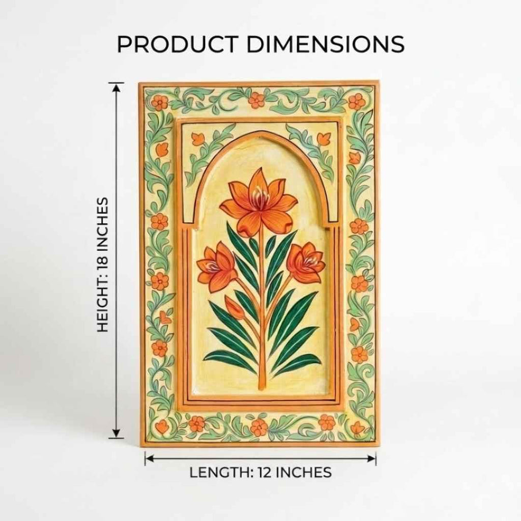 ATRANGI STUDIO Kesari Handpainted Wooden Wall Frame | Rajasthani Traditional Craft | Decorative Floral Wall Hanging Art for Living room, Bedroom, Office | 12×18 Inch, Saffron
