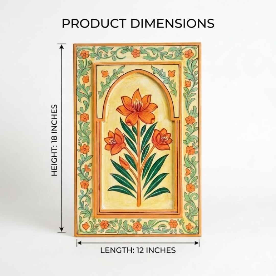 ATRANGI STUDIO Kesari Handpainted Wooden Wall Frame | Rajasthani Traditional Craft | Decorative Floral Wall Hanging Art for Living room, Bedroom, Office | 12×18 Inch, Saffron