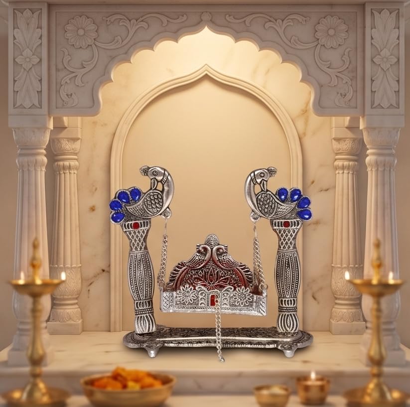 KridayKraft Silver Plated Peacock Designer Jhula for Laddu Gopal/Krishna Idol | Decorative Metallic Swing for Home Temple, Puja, Janmashtami Decor & Gifting
